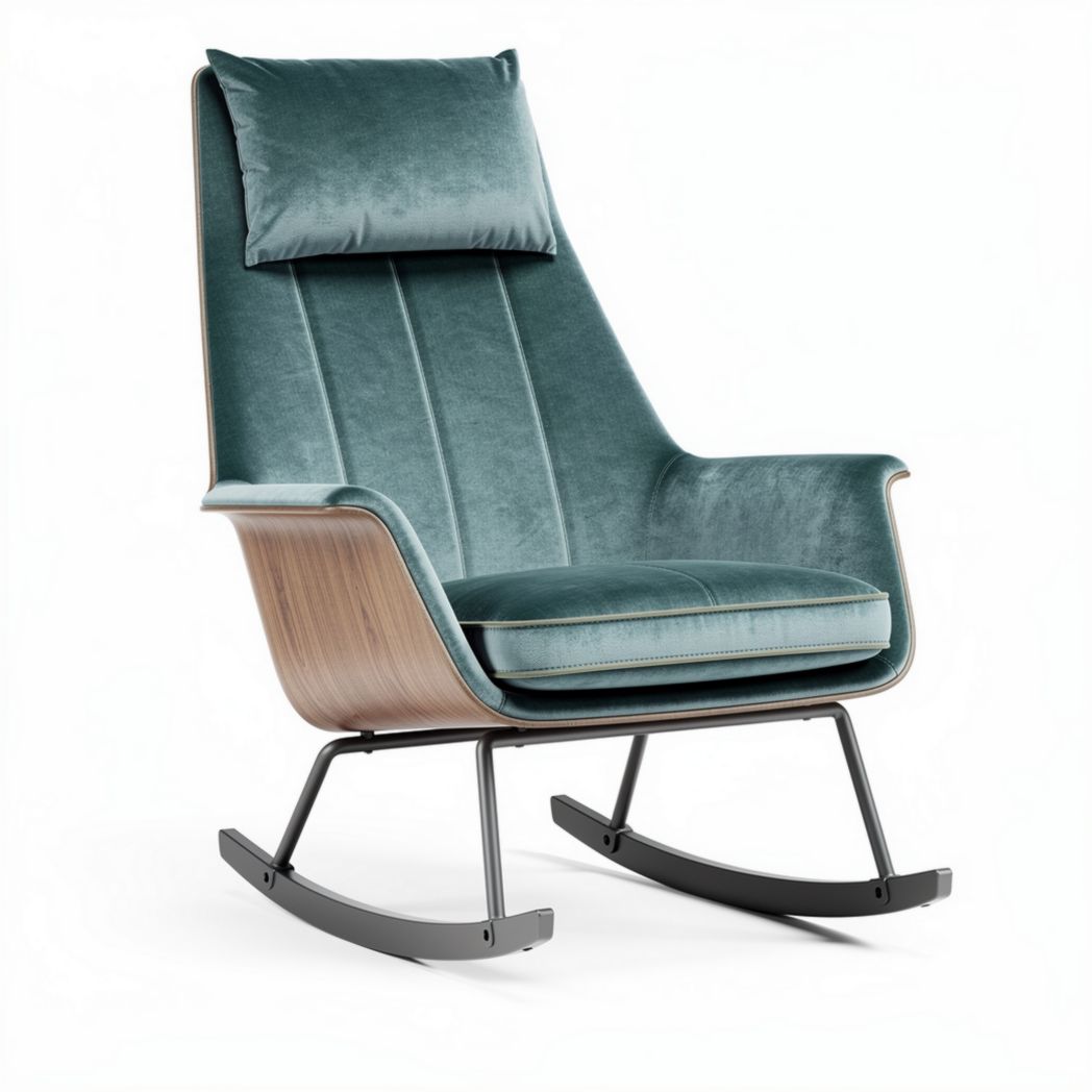 Fauteuil berçant en velours turquoise avec structure en bois et métal 80 x 75 x 100cm