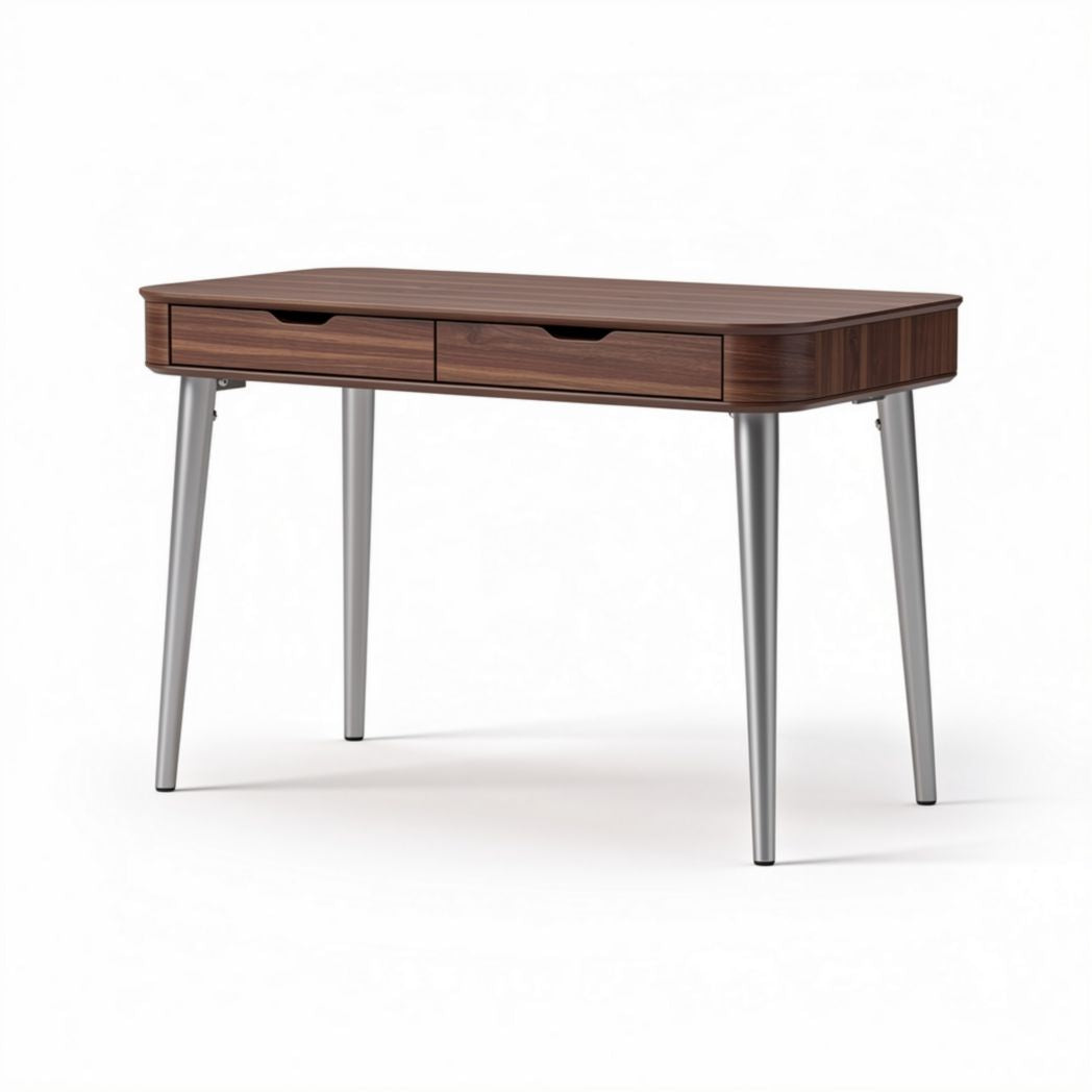 Bureau en bois de noyer avec tiroirs 120 x 60 x 75cm finition métal argenté