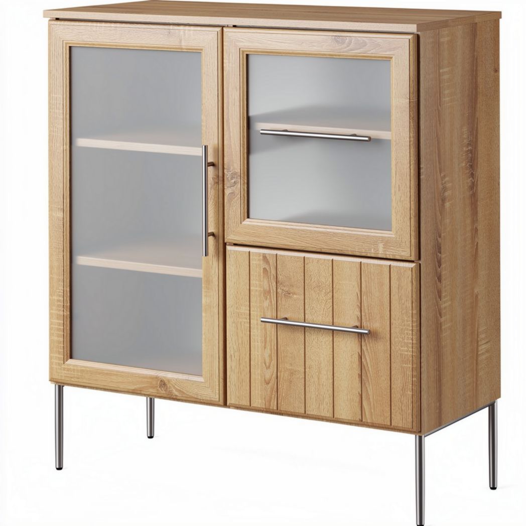 Buffet en bois naturel avec portes en verre dimensions 80 x 40 x 85cm
